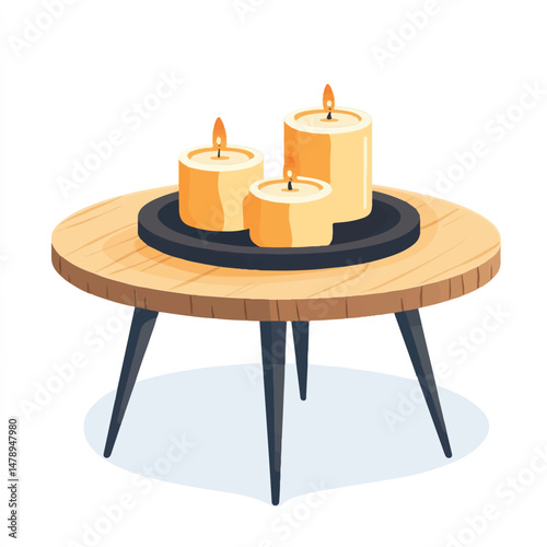 a coffee table with candles and a tray