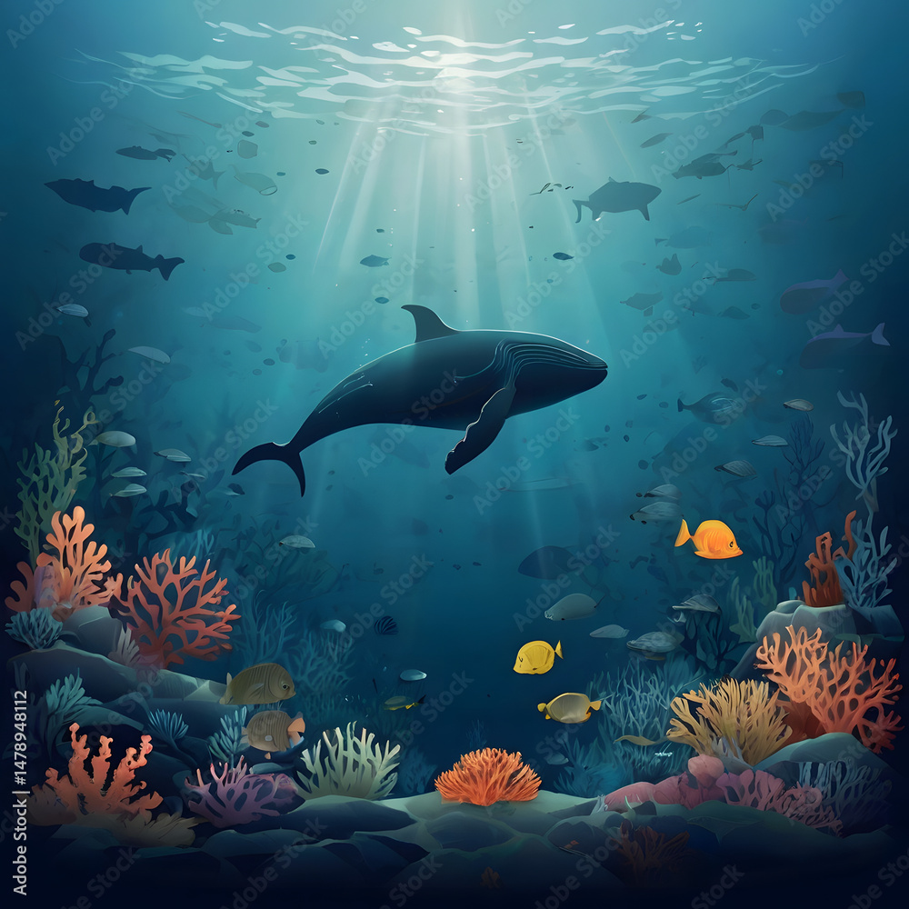 Obraz premium Underwater Ocean Life with Whale and Coral Reefs – Minimalist Marine Illustration