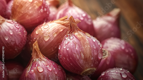 A high-resolution image of shallots with glistening water droplets in soft light.