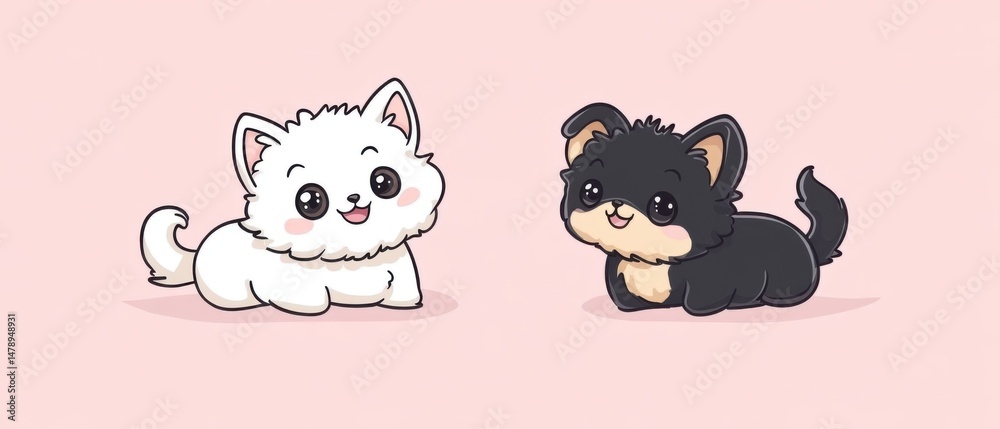 Obraz premium Two adorable cartoon puppies sitting side by side on a pink background digital art illustration cute happy playful domestic