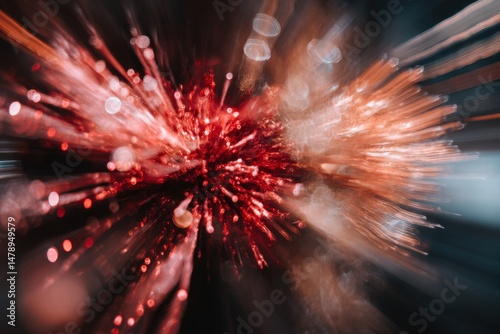 Abstract burst of vibrant red and orange light beams.