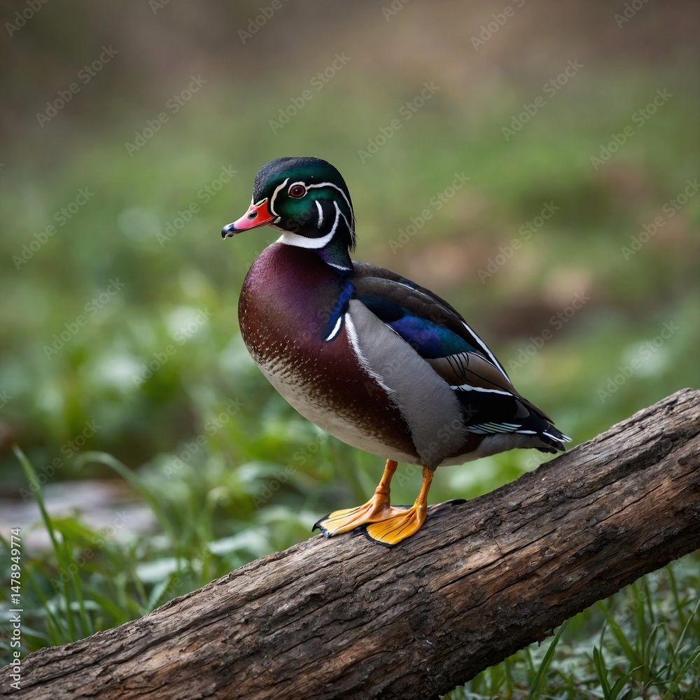 Obraz premium Wood Duck bird on piece of wood.