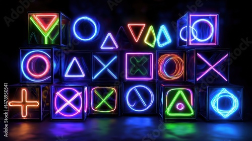 Colorful neon geometric shapes in a grid pattern at night.