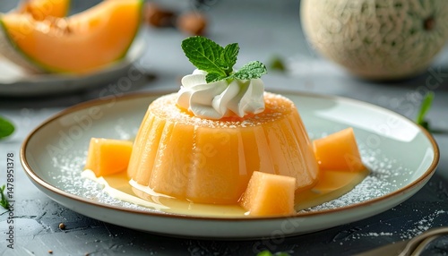 melon pudding with cream in plate
