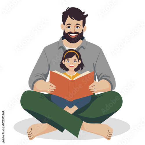Dad and daughter. Man reading a book with child. Dad reading a fairy tale. Flat vector illustration isolated on white background. Hand drawn