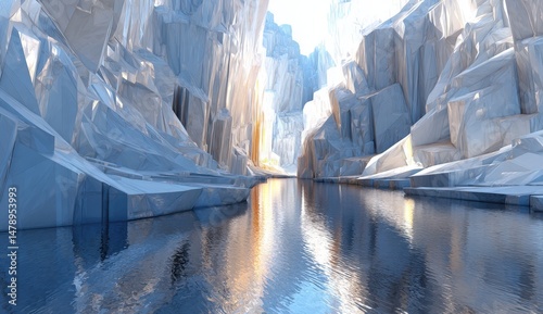 A serene icy canyon reflecting sunlight.