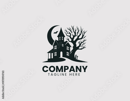 Spooky Haunted House Under Full Moon Vector Logo Design, Creepy Haunted House Full Moon Night Vector Logo