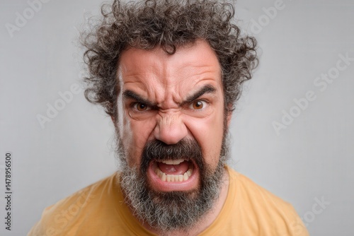 Angry middle-aged man with curly hair yelling.