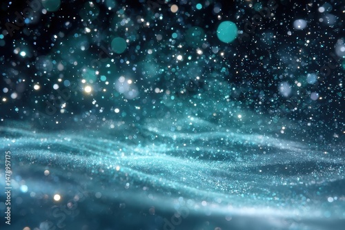 Mystical teal and white bokeh light abstract.