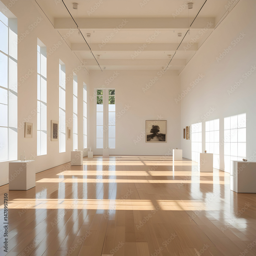 Fototapeta premium A tranquil gallery space with warm sunlight, minimalist decor