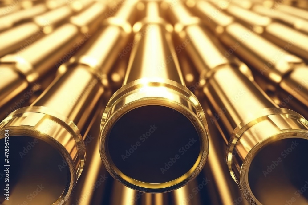 Naklejka premium Golden Pipes Abstract Close Up View of Cylindrical Metallic Structures with Gleaming Surface and Dark Interior