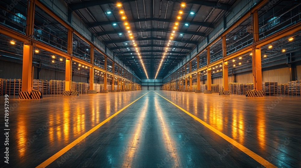 Fototapeta premium Vast Industrial Warehouse Interior: A Symphony of Steel, Light, and Order