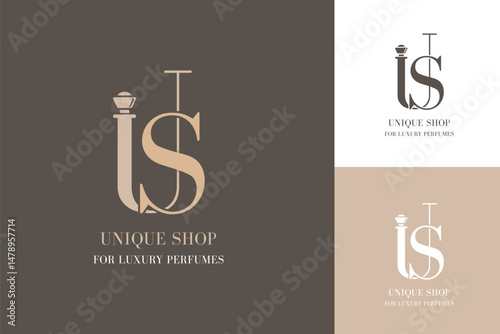 Elegant luxury perfume logo with stylized initials U and S forming a perfume bottle design in beige and brown color scheme
