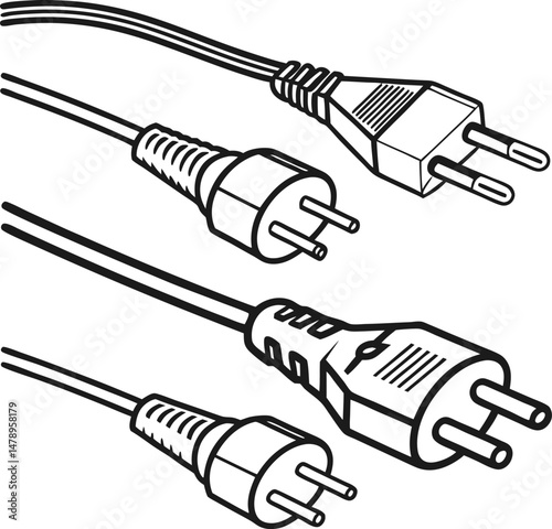 Isolated white vector illustration of a black bomb, an electric plug with a cable, and a metal needle syringe