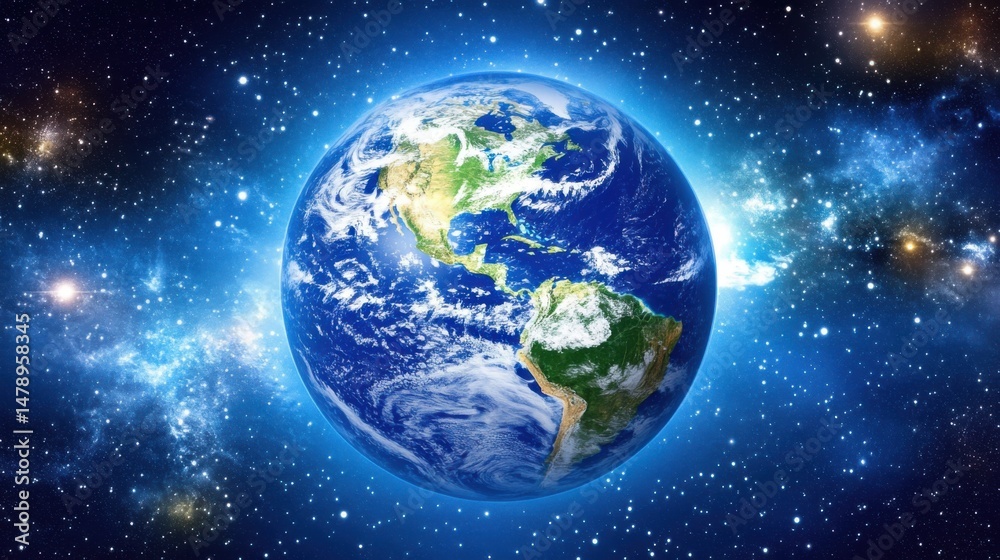 Naklejka premium Earth globe in outer space with stars and nebulae showing continents and oceans view from orbit