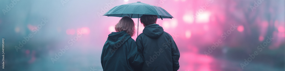 A couple under an umbrella walks together in a misty, neon-lit street, creating a cozy and romantic atmosphere. A couple under an umbrella walks together in a misty, neon-lit street, creating a cozy and romantic atmosphere.