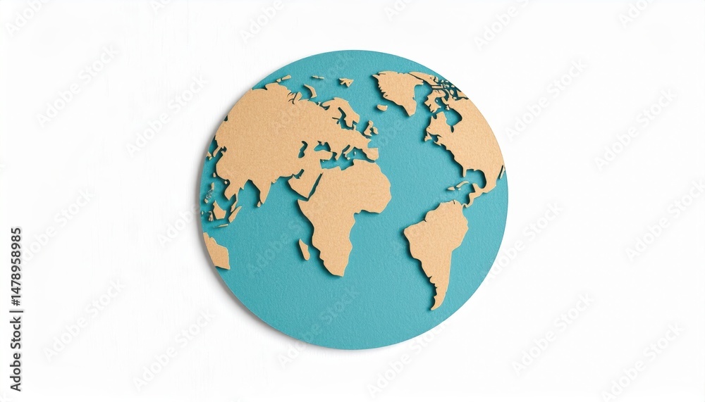 Naklejka premium A Detailed Cardboard World Map Globe on Teal Background Perfect for Global Concepts