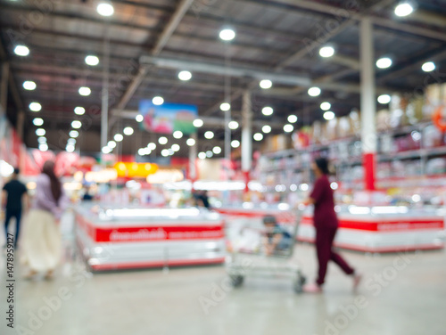 Blurred view of modern supermarket store background. Shopping in hypermarket superstore defocused bokeh light background.