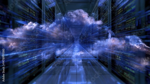 Digital cloud among server racks in a data center.