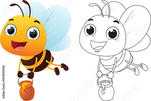 Cute bee cartoon characters, Kids coloring page hand drawn