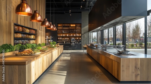 Modern Restaurant Interior Design: A Culinary Haven with Warm Wood Accents and Sleek Stainless Steel