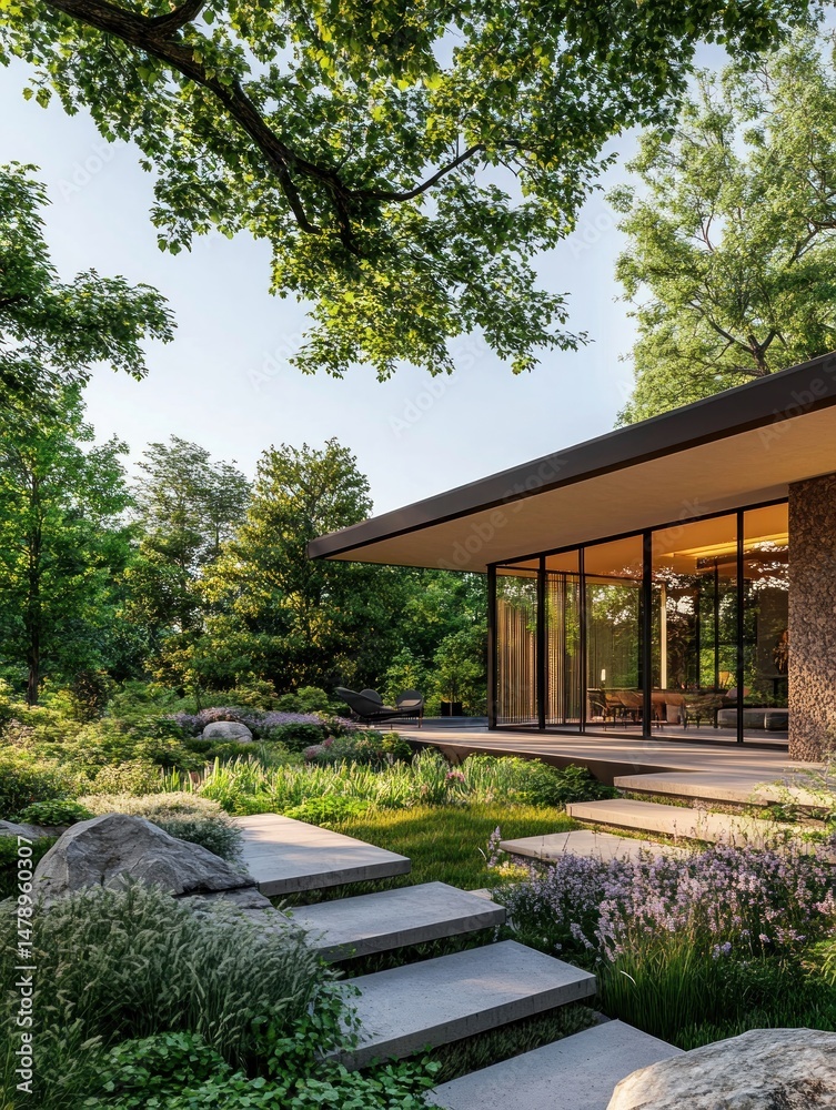 Fototapeta premium Minimalist house with flat roof glass windows and sleek lines in nature