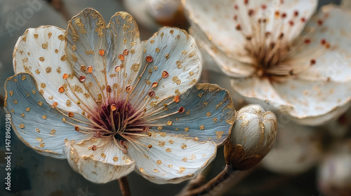 Beautiful spring white flower with golden details on decorative background as wallpaper illustration, Elegant White Gold Flower