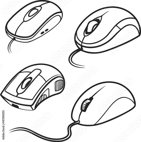 This vector set shows a black wireless computer mouse, a modern technology input device with a scroll wheel and button for clicking, essential equipment for any PC or office