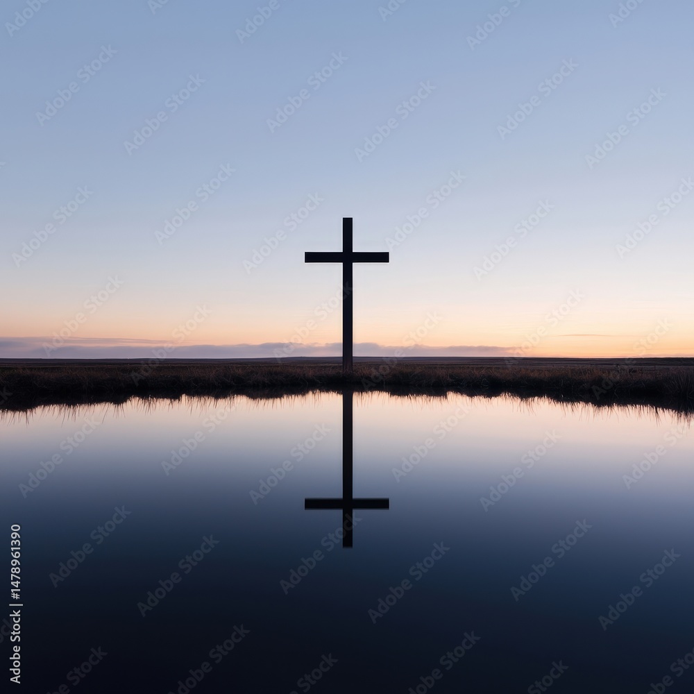 A large cross is standing in a field of grass A large cross is standing in a field of grass