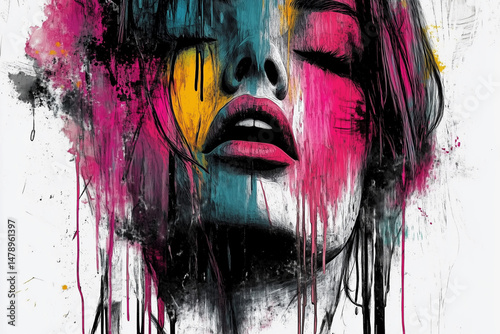 woman's face is painted with bright colors and splatters of paint. The painting is abstract and has a bold, energetic feel to it