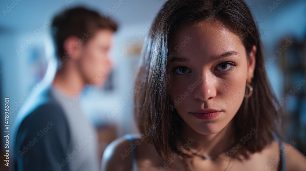 Fototapeta premium Young woman facing camera, man in background.