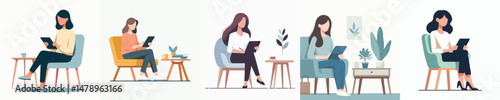 Vector of a woman sitting on a chair holding a tablet