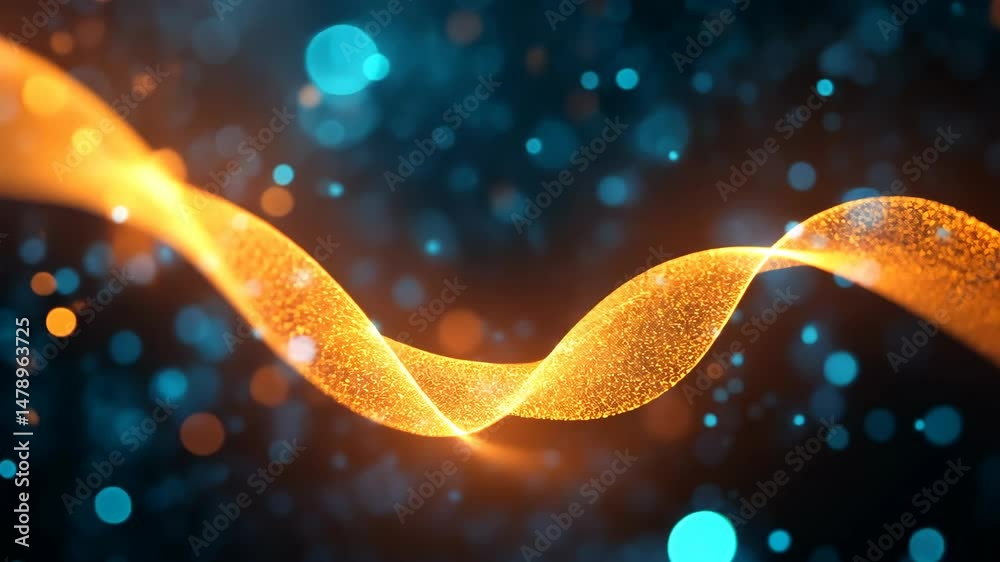 Glowing orange particle wave against dark blue bokeh background