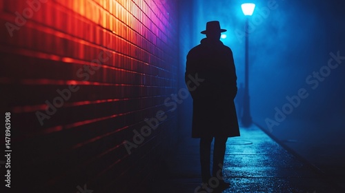 Mysterious silhouette of a man on a rainy night, neon reflections on wall