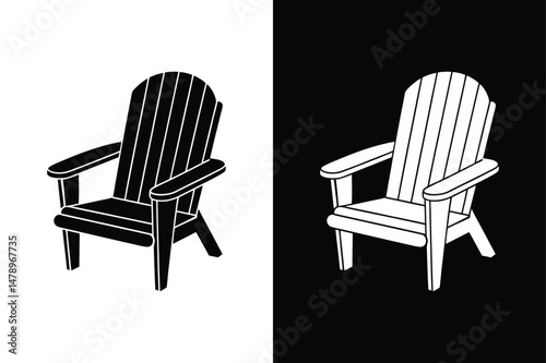 Vector Silhouette of Muskoka Chair. Adirondack Style Outdoor Furniture in Black and White