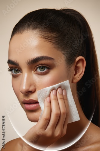 Woman applying facial mask with sponge in clean beauty product shoot