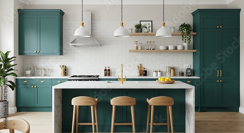 A contemporary kitchen with teal cabinets is highlighted by a white marble island with wooden stools, elegant pendant lights, open wooden shelves, and lush indoor plants