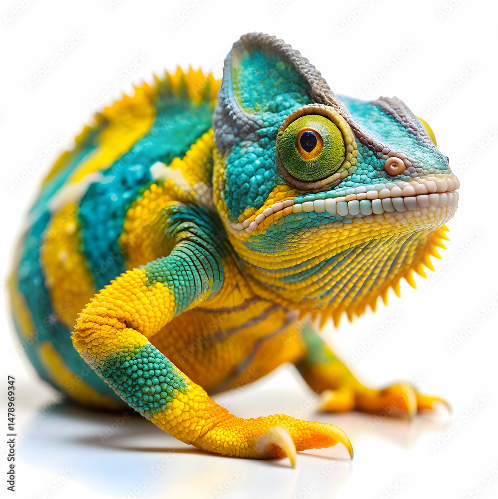 Fototapeta premium A striking yellow and blue panther chameleon, isolated on white, showcasing its vivid colors and textured