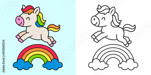 Cute unicorn jump on rainbow cartoon character coloring page vector illustration