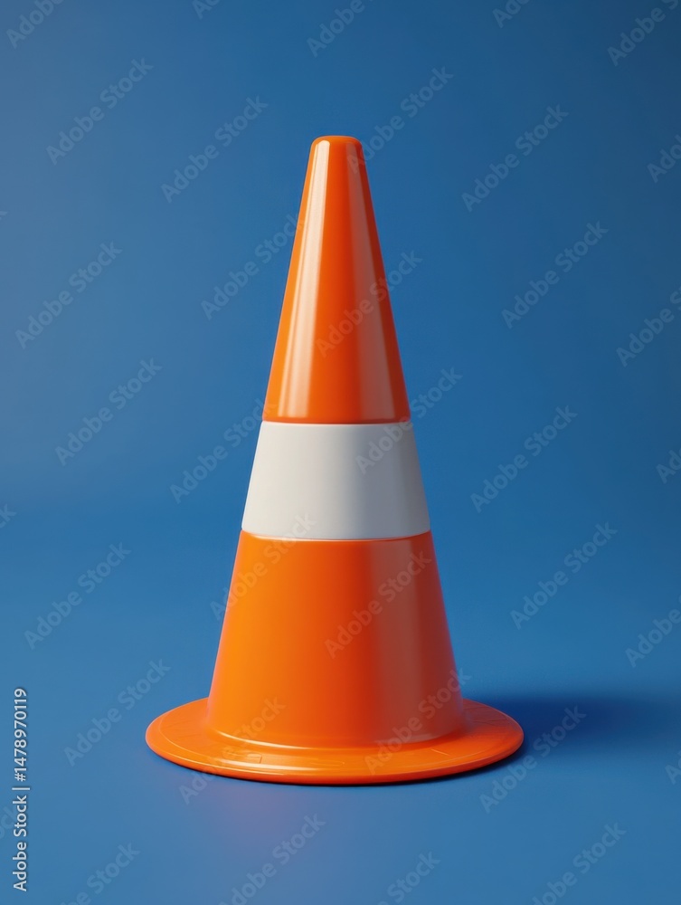 Orange traffic cone standing upright against a blue backdrop studio shot safety equipment warning sign Orange traffic cone standing upright against a blue backdrop studio shot safety equipment warning sign