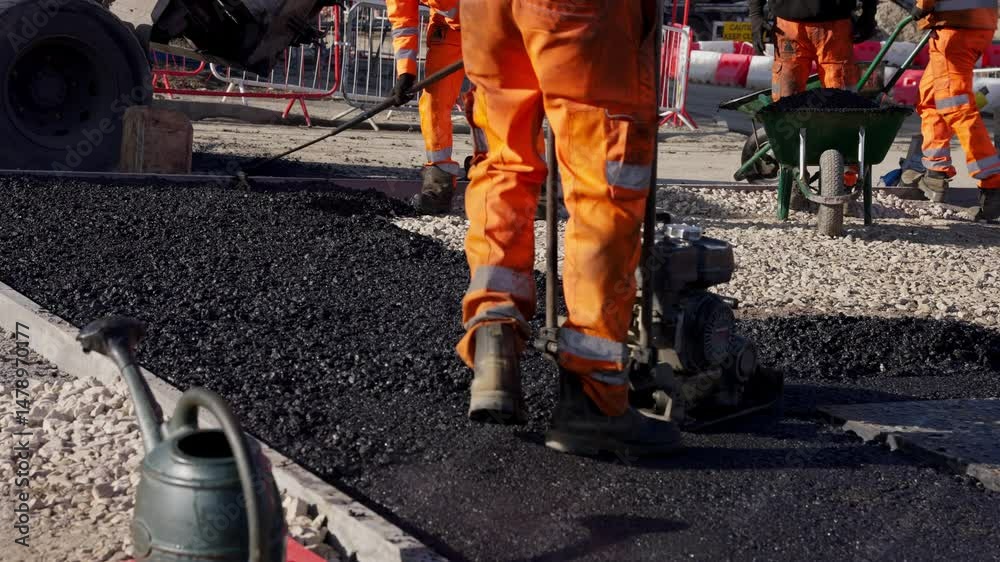 Builders in bright orange uniforms laying fresh hot asphalt on construction site