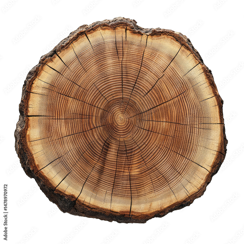 Obraz premium A Close-up View Of A Tree Stump Cross-section Showcasing The Intricate Ring Patterns Formed By The Wood's Growth The Texture Is Rough And Natural With Visible Bark Edges The Background Is A Clean Whit
