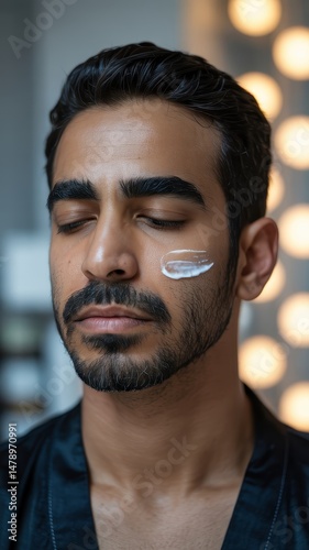 Bearded man in skincare mask with calm expression and blurred mirror