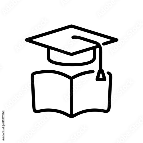 Graduation Cap with Open Book Icon – Education and Learning Line Symbol
