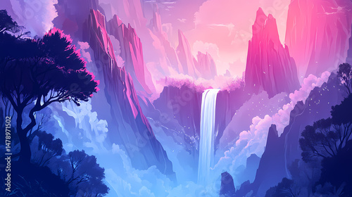 The stunning tat kuang si waterfalls cascading over mountain cliffs in a breathtaking landscape. [Silicon Wilderness] | Powerstem Rise | charged stalk. Illustration