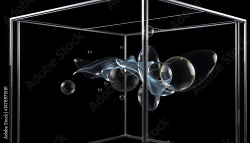 Abstract fluidic shapes encased in geometric form, representing modern artistry and dimensional exploration