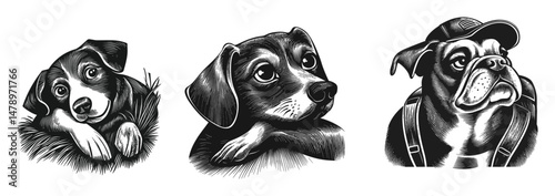 Detailed Illustration of Three Distinct Dog Breeds in Black and White