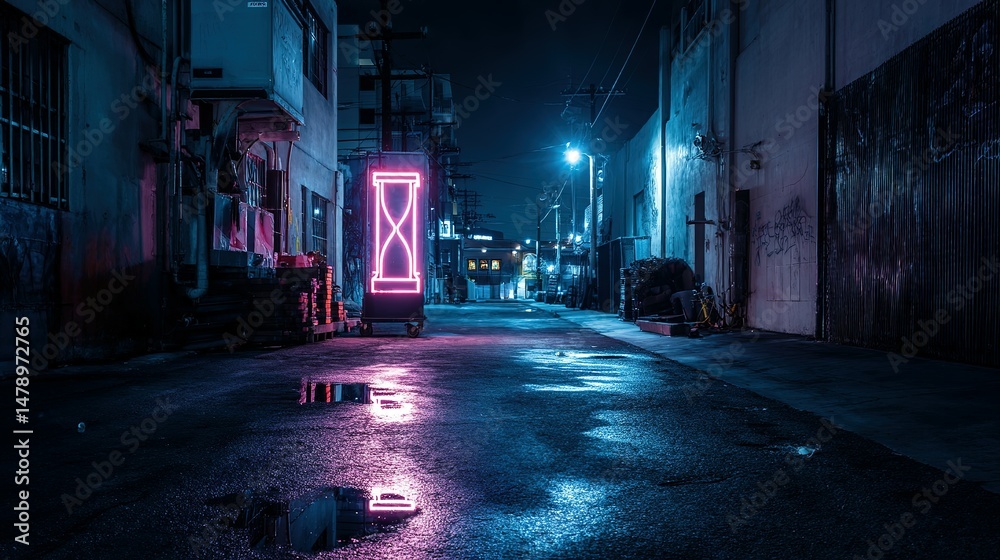Naklejka premium Neon-lit alleyway at night, reflecting in puddles.