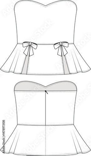 sleeveless sweetheart neck strapless flared peplum hem with bows low cut cutout zippered blouse top bustier template technical drawing flat sketch cad mockup fashion woman design style model 
