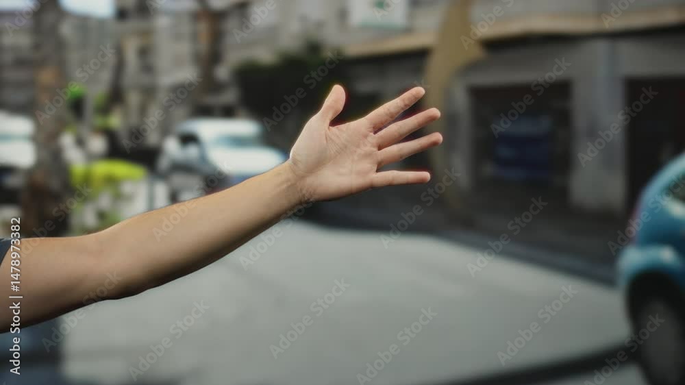Man gesturing with hand outdoors in city street, counting with fingers while standing among passing cars and buildings, capturing a dynamic urban scene.
